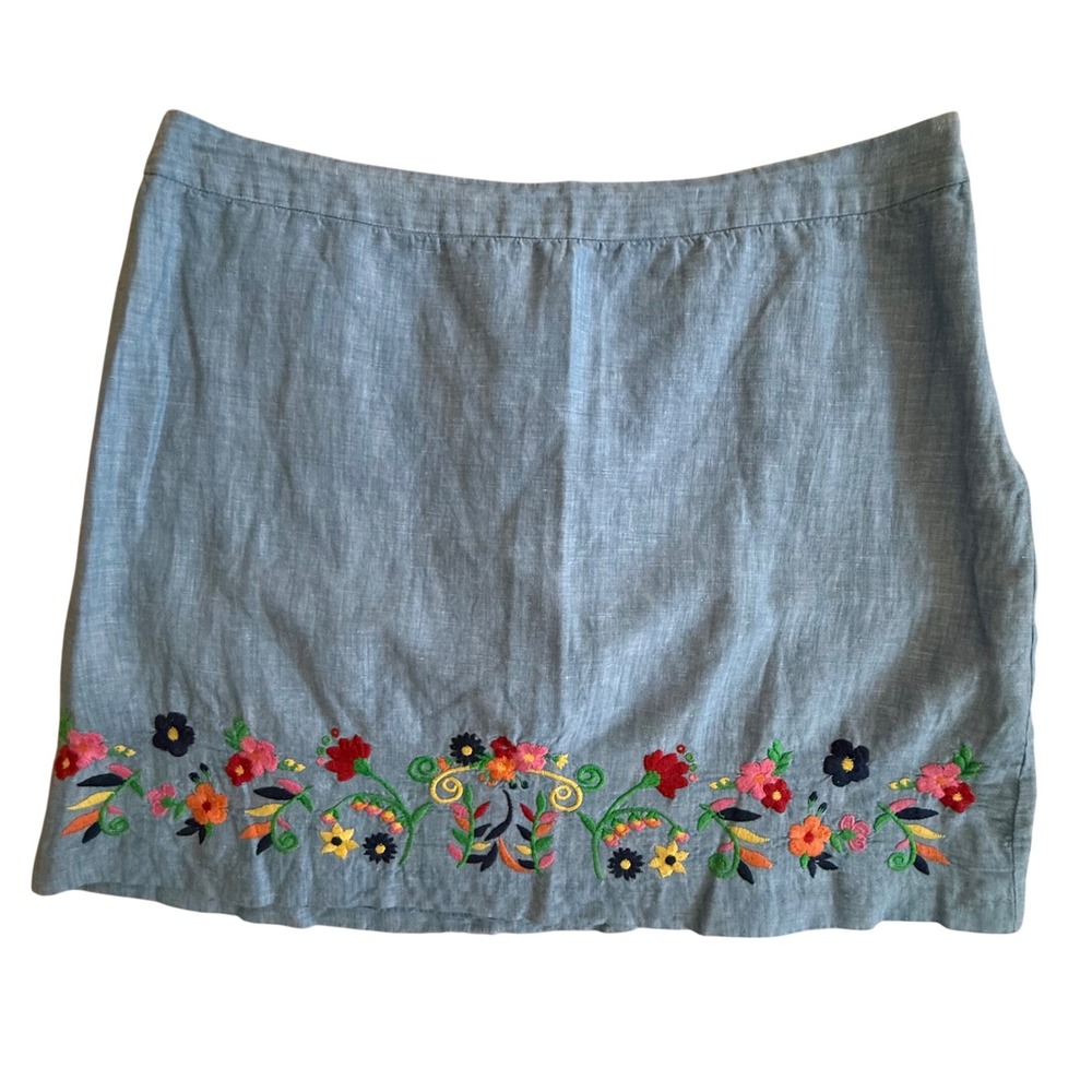 Talbots Boho Cottagecore Plus Blue Linen Blend Floral Embroidered Mini Skirt 20W